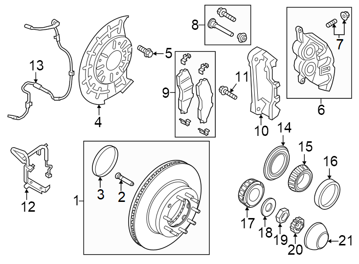 Diagram Front suspension. Brake components. for your 2014 Ford F-150 3.7L V6 CNG A/T 4WD XL Extended Cab Pickup Fleetside 