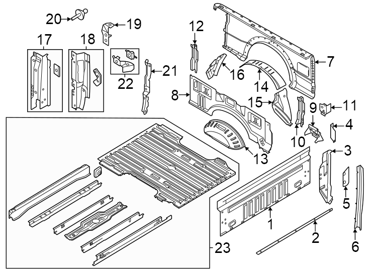 Diagram Pick up box. Floor. Front & side panels. for your 2013 Ford F-150 3.5L EcoBoost V6 A/T RWD XLT Extended Cab Pickup Fleetside 