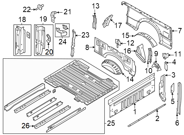 Diagram Pick up box. Floor. Front & side panels. for your Ford