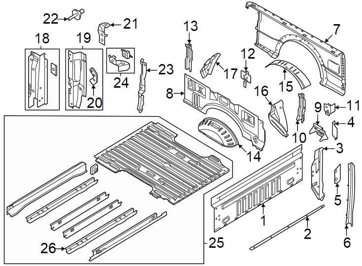 Diagram Pick up box. Floor. Front & side panels. for your Ford