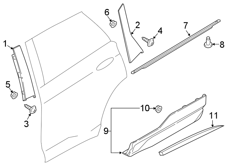 Diagram REAR DOOR. EXTERIOR TRIM. for your 2021 Ford Ranger   