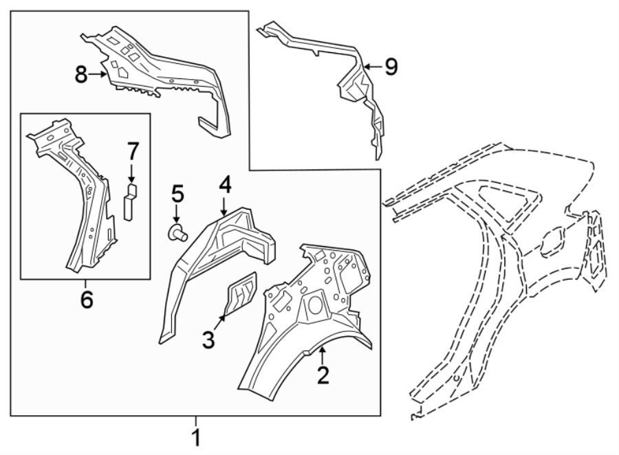 Diagram QUARTER PANEL. INNER STRUCTURE. for your 2022 Ford Transit-150   