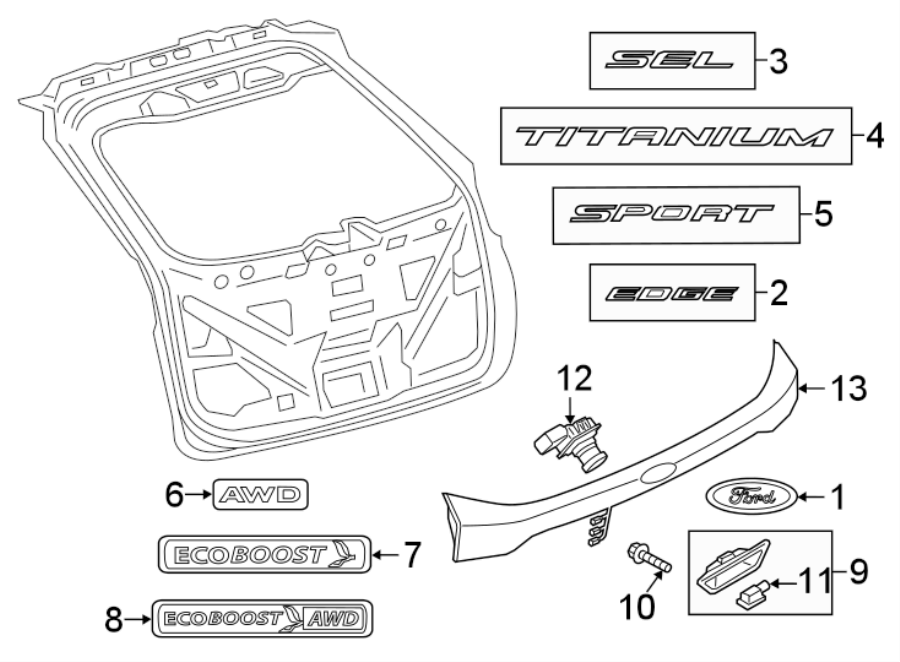 Diagram LIFT GATE. EXTERIOR TRIM. for your Ford Edge  