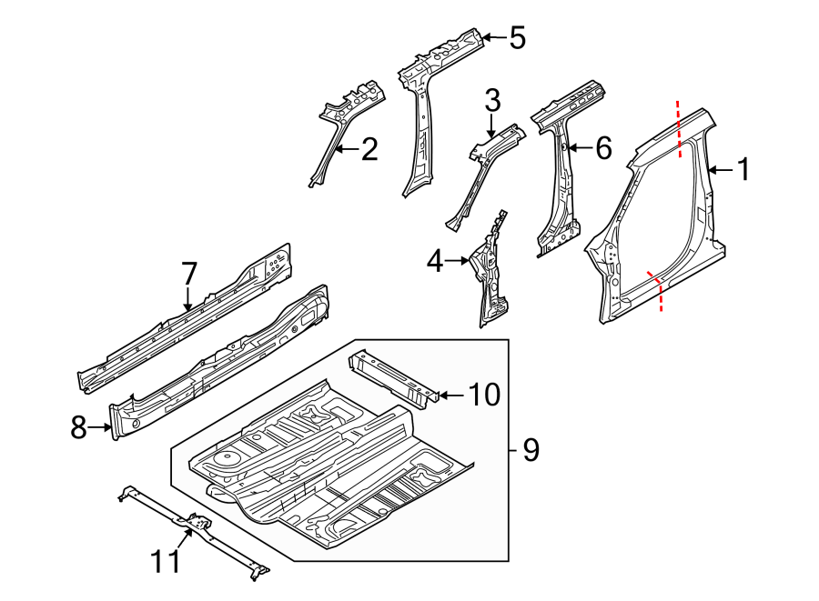 Diagram PILLARS. ROCKER & FLOOR. APERTURE PANEL. CENTER PILLAR & ROCKER. HINGE PILLAR. for your 2020 Ford Escape   