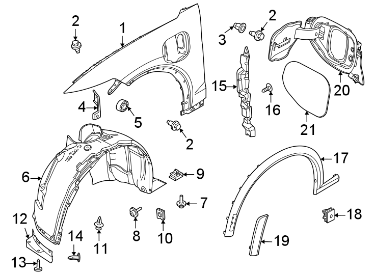 Diagram Exterior trim. Fender & components. for your Ford