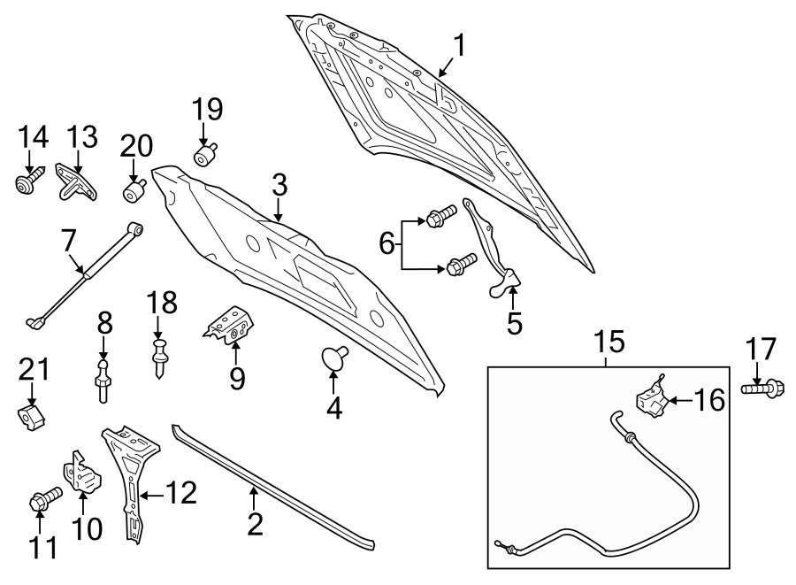 Diagram HOOD & COMPONENTS. for your 2018 Ford F-150 5.0L V8 FLEX A/T 4WD XL Standard Cab Pickup Fleetside 