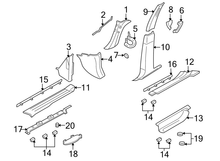 Diagram PILLARS. ROCKER & FLOOR. INTERIOR TRIM. for your 2003 Ford F-150 5.4L Triton V8 CNG A/T 4WD XLT Crew Cab Pickup Stepside 