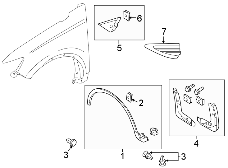 Diagram Fender. Exterior trim. for your 2024 Ford Escape 2.5L i-VCT PLUG-IN HYBRID EV-GAS (PHEV) CVT FWD Plug-In Hybrid Sport Utility 