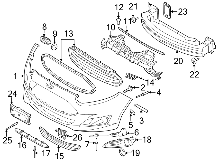 Diagram FRONT BUMPER & GRILLE. BUMPER & COMPONENTS. for your 2015 Ford Fiesta  Titanium Sedan 