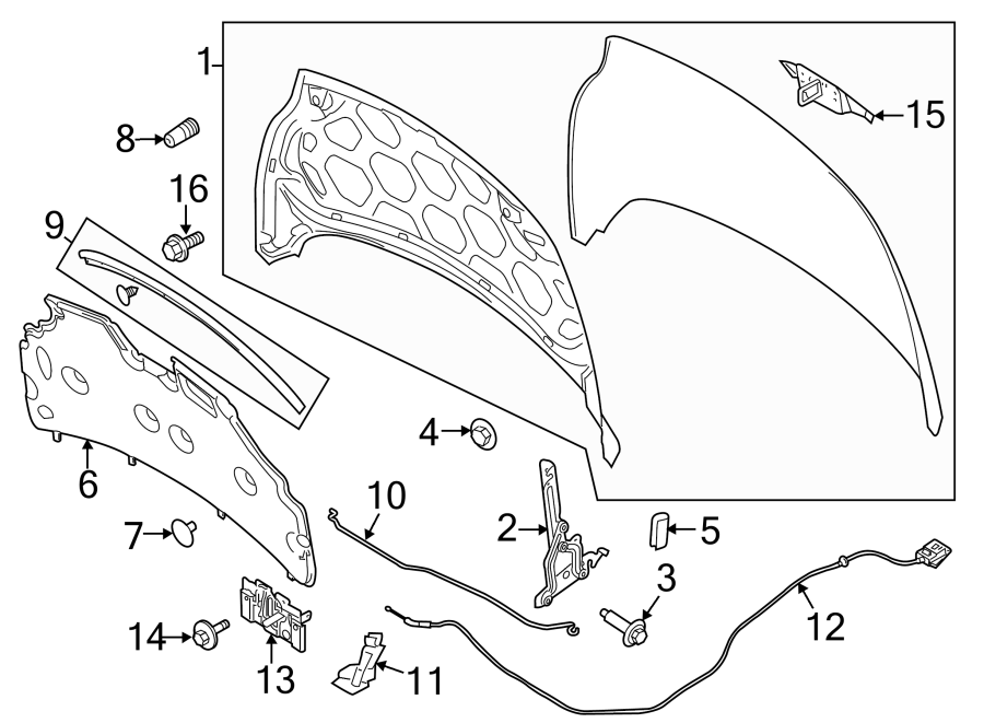 Diagram HOOD & COMPONENTS. for your 2019 Lincoln MKZ Hybrid Sedan  