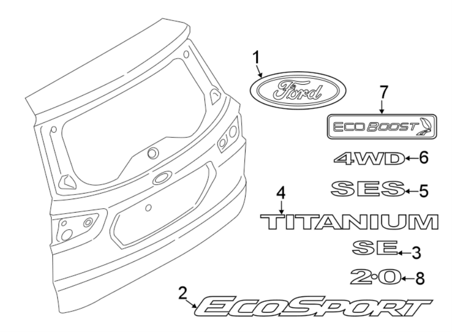 Diagram BACK DOOR. EXTERIOR TRIM. for your Ford EcoSport  