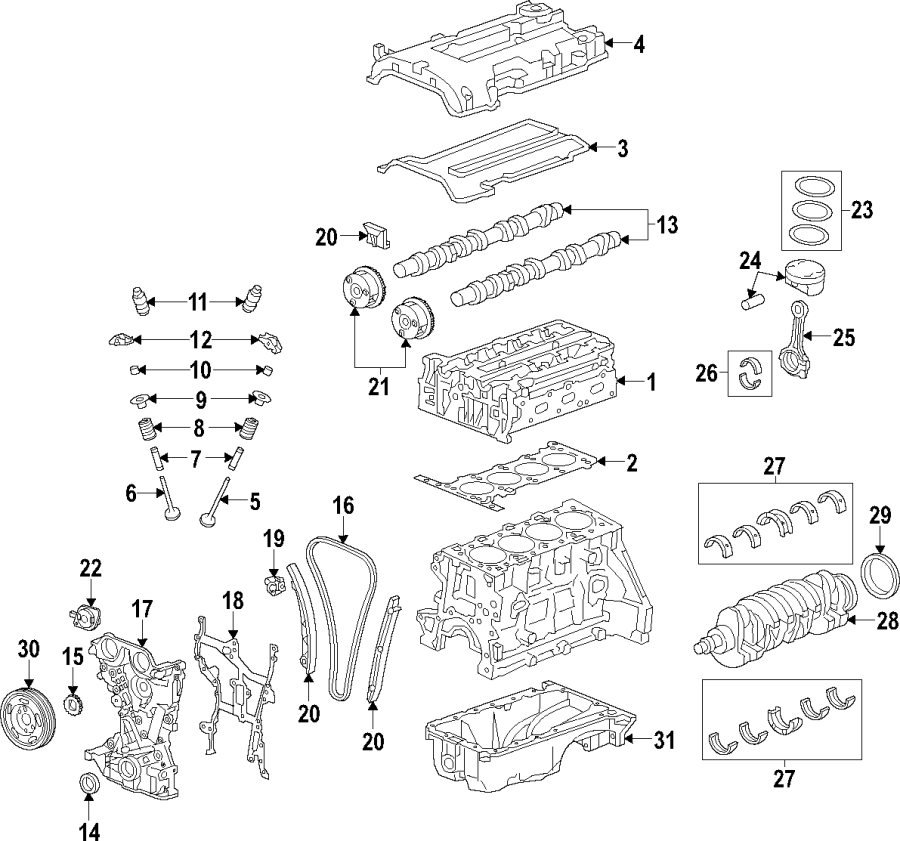 Diagram CAMSHAFT & TIMING. CRANKSHAFT & BEARINGS. CYLINDER HEAD & VALVES. LUBRICATION. MOUNTS. PISTONS. RINGS & BEARINGS. for your 2021 Chevrolet Camaro LT Coupe 2.0L Ecotec A/T 