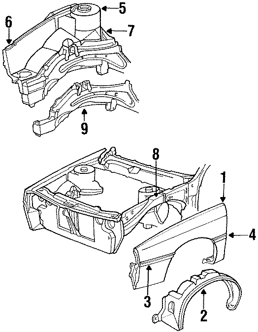 Diagram EXTERIOR TRIM. FENDER & COMPONENTS. STRUCTURAL COMPONENTS & RAILS. for your Chrysler LeBaron  