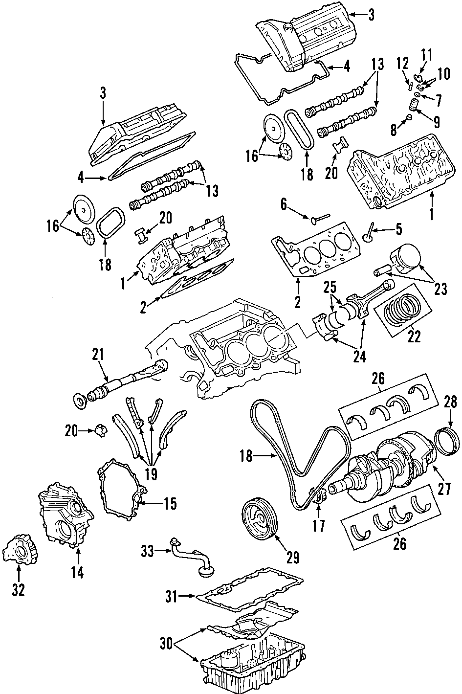 Diagram CAMSHAFT & TIMING. CRANKSHAFT & BEARINGS. CYLINDER HEAD & VALVES. LUBRICATION. MOUNTS. PISTONS. RINGS & BEARINGS. for your 2002 Chevrolet Camaro   