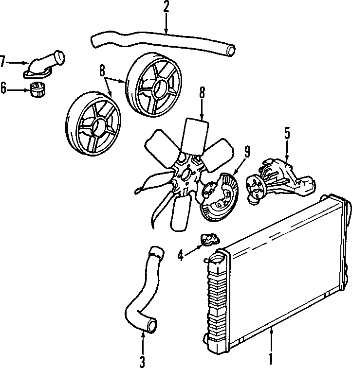 Diagram COOLING SYSTEM. COOLING FAN. RADIATOR. WATER PUMP. for your 1987 Chevrolet Celebrity Eurosport Coupe 2.5L Pontiac A/T 