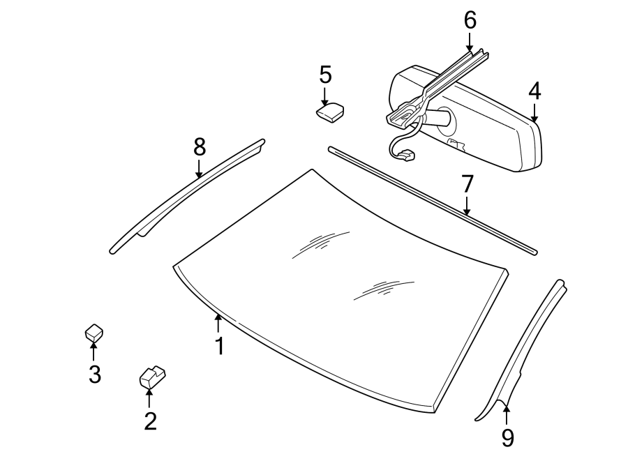 1WINDSHIELD. GLASS. REVEAL MOLDINGS.https://images.simplepart.com/images/parts/motor/fullsize/NH98300.png