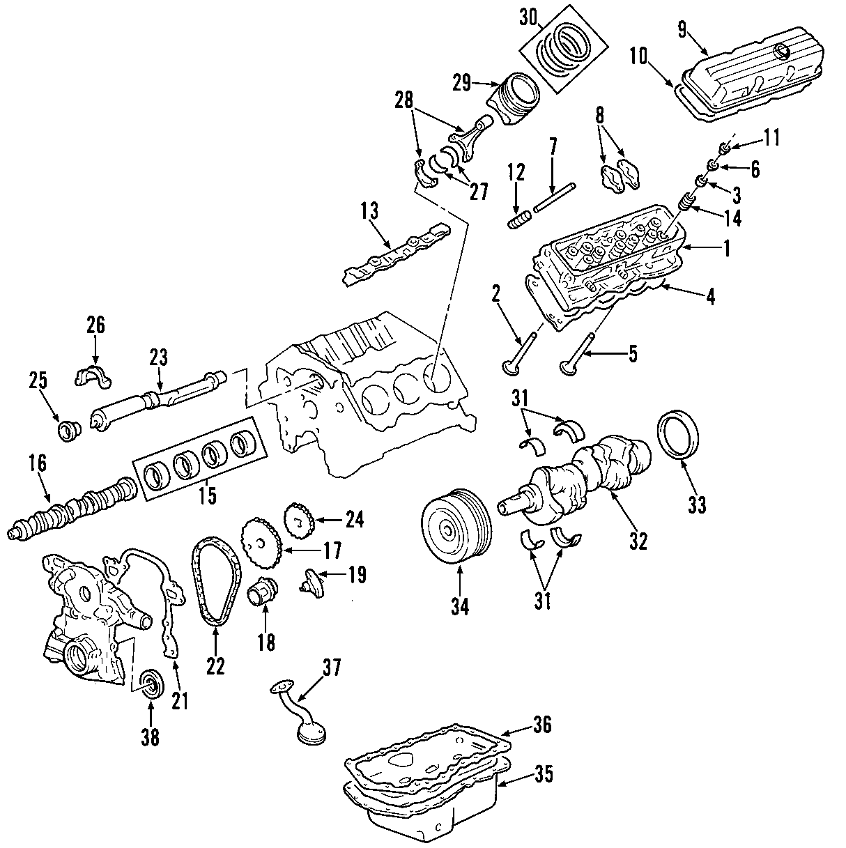 Diagram CAMSHAFT & TIMING. CRANKSHAFT & BEARINGS. CYLINDER HEAD & VALVES. LUBRICATION. MOUNTS. PISTONS. RINGS & BEARINGS. for your 2005 Chevrolet Corvette   