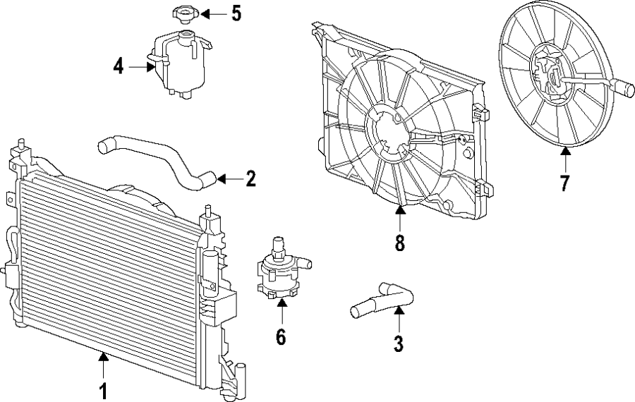 Diagram COOLING SYSTEM. COOLING FAN. RADIATOR. WATER PUMP. for your Chevrolet Bolt EV  