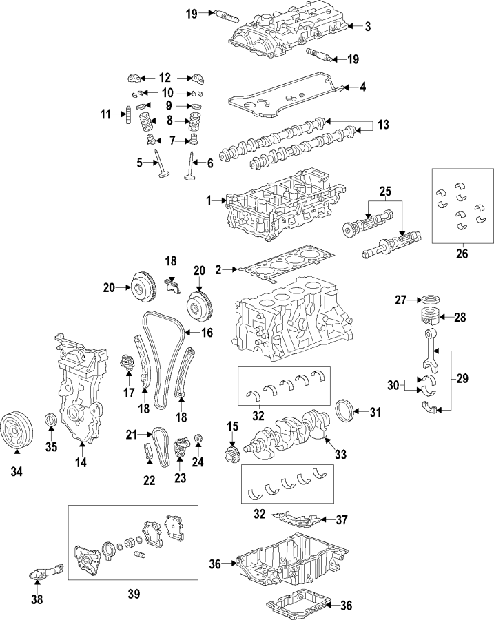 Diagram CAMSHAFT & TIMING. CRANKSHAFT & BEARINGS. CYLINDER HEAD & VALVES. LUBRICATION. MOUNTS. PISTONS. RINGS & BEARINGS. for your 2019 Chevrolet Corvette   