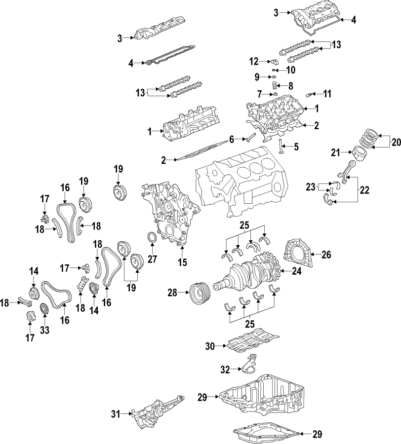 Diagram CAMSHAFT & TIMING. CRANKSHAFT & BEARINGS. CYLINDER HEAD & VALVES. LUBRICATION. MOUNTS. PISTONS. RINGS & BEARINGS. for your 2023 Cadillac XT5 Livery Limousine  