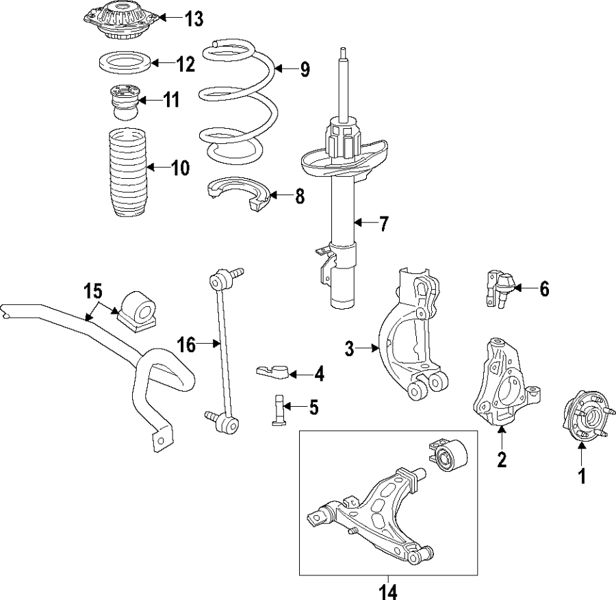 Diagram FRONT SUSPENSION. LOWER CONTROL ARM. STABILIZER BAR. SUSPENSION COMPONENTS. for your 2018 Chevrolet Equinox  Premier Sport Utility 