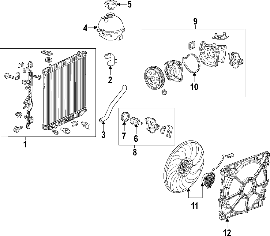 Diagram COOLING SYSTEM. COOLING FAN. RADIATOR. WATER PUMP. for your 2021 Chevrolet Camaro LT Coupe 2.0L Ecotec A/T 