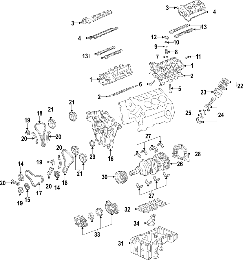 Diagram CAMSHAFT & TIMING. CRANKSHAFT & BEARINGS. CYLINDER HEAD & VALVES. LUBRICATION. MOUNTS. PISTONS. RINGS & BEARINGS. for your 2013 Chevrolet Caprice   