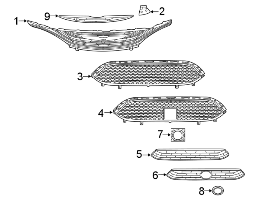 9FRONT BUMPER & GRILLE. GRILLE & COMPONENTS.https://images.simplepart.com/images/parts/motor/fullsize/NS17010.png