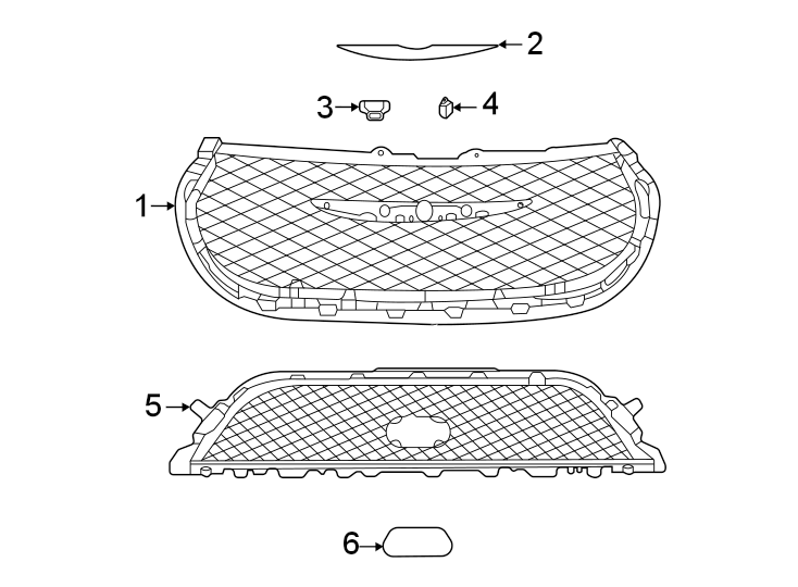 Front bumper & grille. Grille & components.