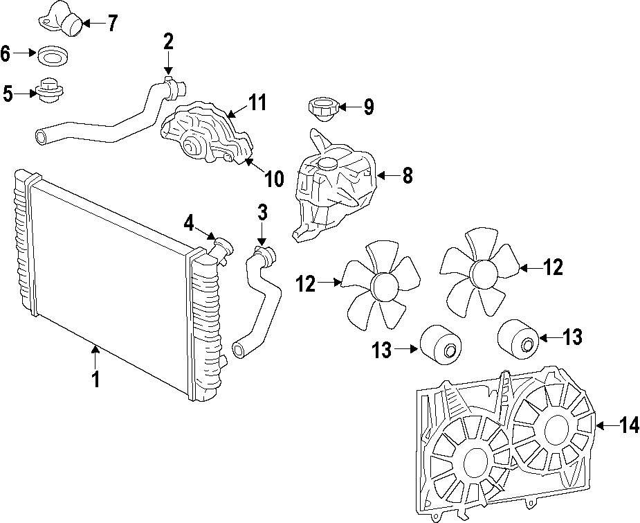 Diagram COOLING SYSTEM. COOLING FAN. RADIATOR. WATER PUMP. for your 2021 Chevrolet Camaro LT Coupe 2.0L Ecotec A/T 