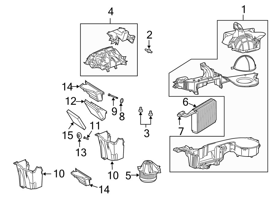 Diagram Air conditioner & heater. Evaporator & heater components. for your 2023 Ram 2500 6.7L 6 cylinder DIESEL A/T RWD Lone Star Crew Cab Pickup Fleetside 