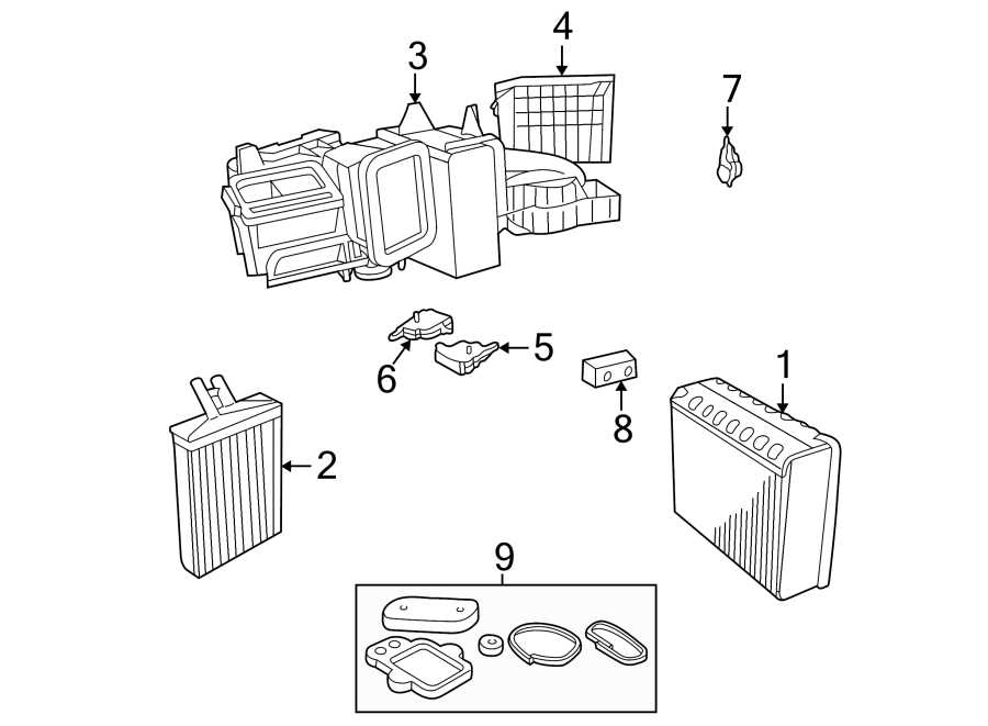 4Air conditioner & heater. Evaporator & heater components.https://images.simplepart.com/images/parts/motor/fullsize/NW99075.png