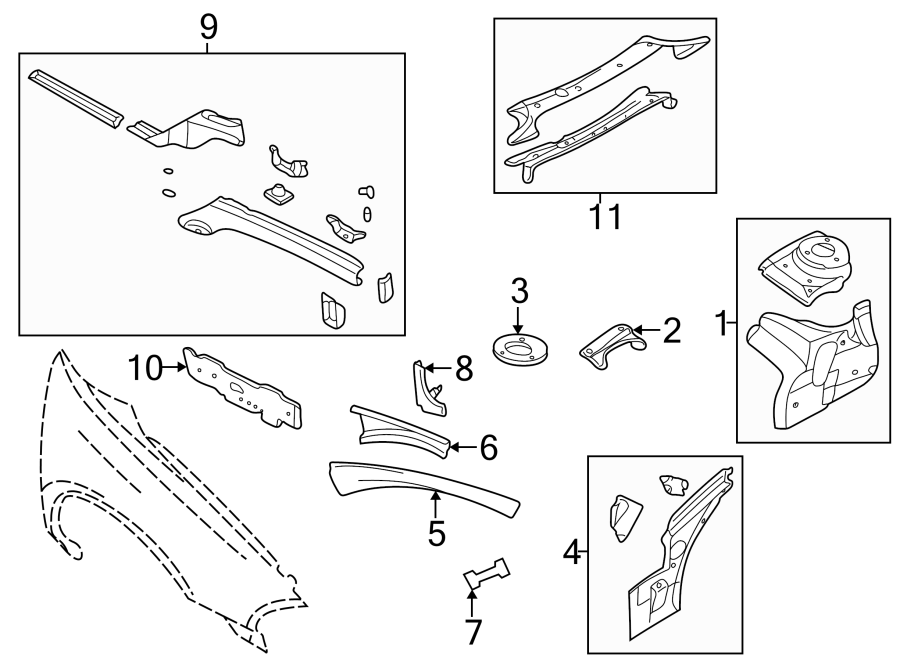 Fender. Quarter panel. Structural components & rails.