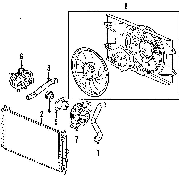 Diagram COOLING SYSTEM. COOLING FAN. RADIATOR. WATER PUMP. for your 2009 Chevrolet Cobalt LS Sedan 2.2L Ecotec M/T 