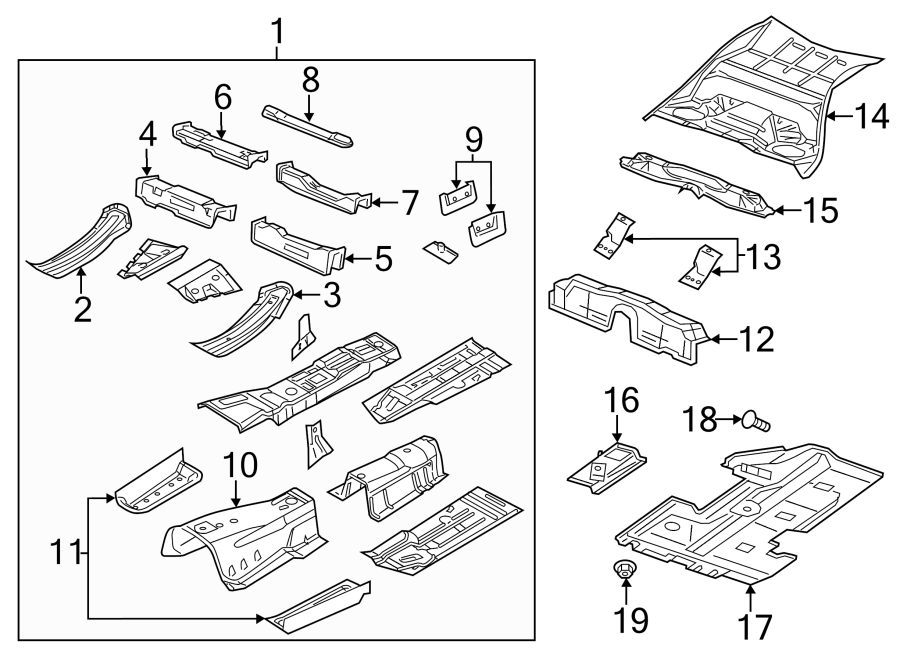 Diagram PILLARS. ROCKER & FLOOR. FLOOR & RAILS. for your 2017 Dodge Charger 5.7L HEMI V8 A/T RWD Pursuit Sedan 