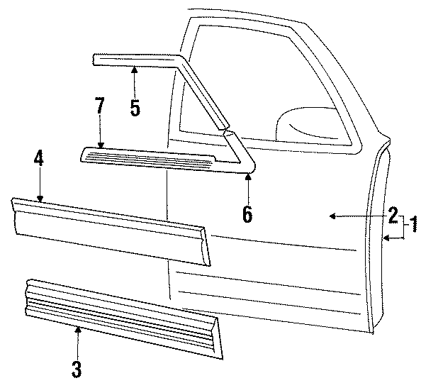 Diagram FRONT DOOR. DOOR & COMPONENTS. EXTERIOR TRIM. for your 1993 Dodge Spirit   