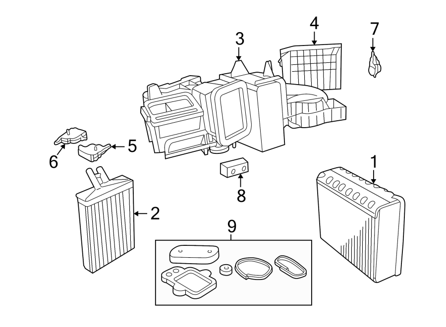 3Air conditioner & heater. Evaporator & heater components.https://images.simplepart.com/images/parts/motor/fullsize/PH98085.png