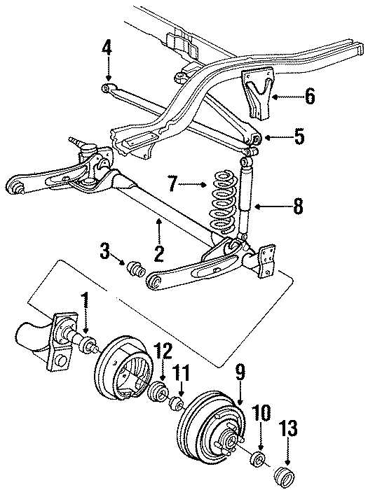 Diagram REAR SUSPENSION. BRAKE COMPONENTS. SUSPENSION COMPONENTS. for your 1990 Dodge Daytona 2.2L M/T Base Hatchback 