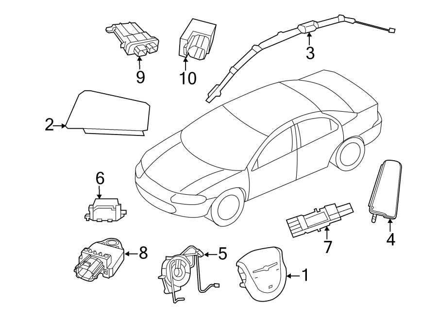 Diagram RESTRAINT SYSTEMS. AIR BAG COMPONENTS. for your 2012 Chrysler 200 Limited Sedan 3.6L Pentastar V6 FLEX A/T 