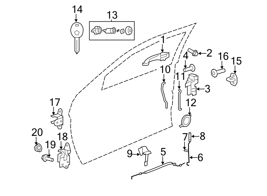 Diagram FRONT DOOR. LOCK & HARDWARE. for your 2011 Chrysler 200 S Sedan 3.6L Pentastar V6 FLEX A/T 