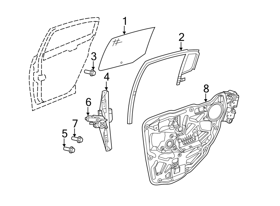 Diagram Rear door. Glass & hardware. for your 2013 Chrysler 200 LX Sedan 2.4L PZEV A/T 