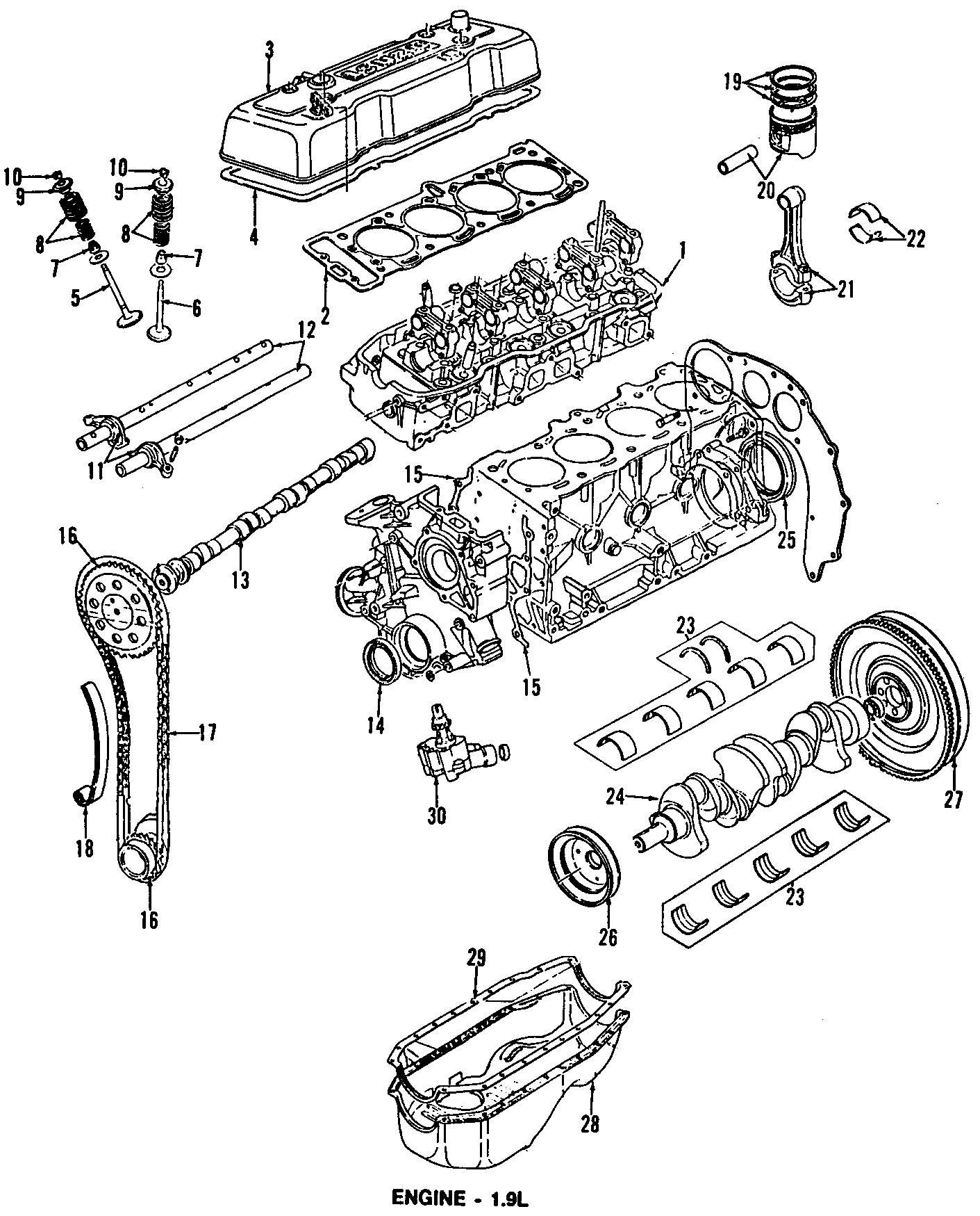 Full size assembly image of CAMSHAFT & TIMING. CRANKSHAFT & BEARINGS. CYLINDER HEAD & VALVES. LUBRICATION. MOUNTS. PISTONS. RINGS & BEARINGS. (1/1)