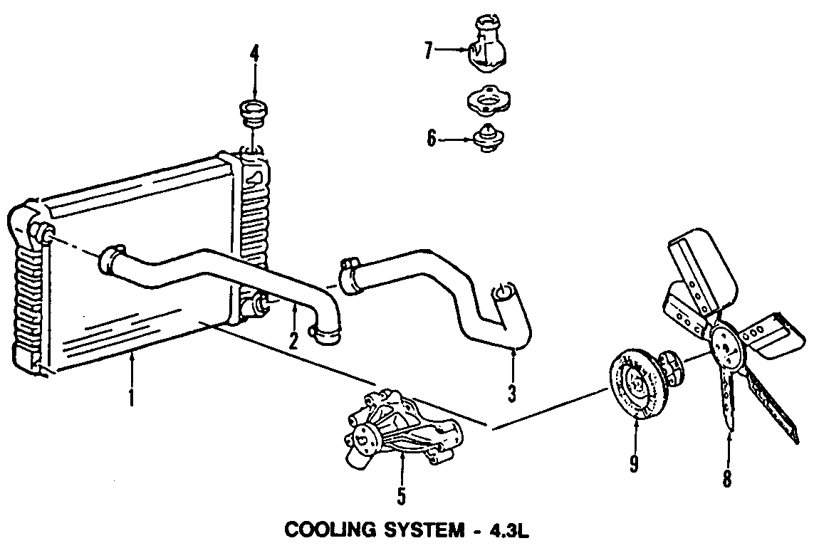 Diagram COOLING SYSTEM. COOLING FAN. RADIATOR. WATER PUMP. for your 1987 Chevrolet Celebrity Eurosport Coupe 2.5L Pontiac A/T 