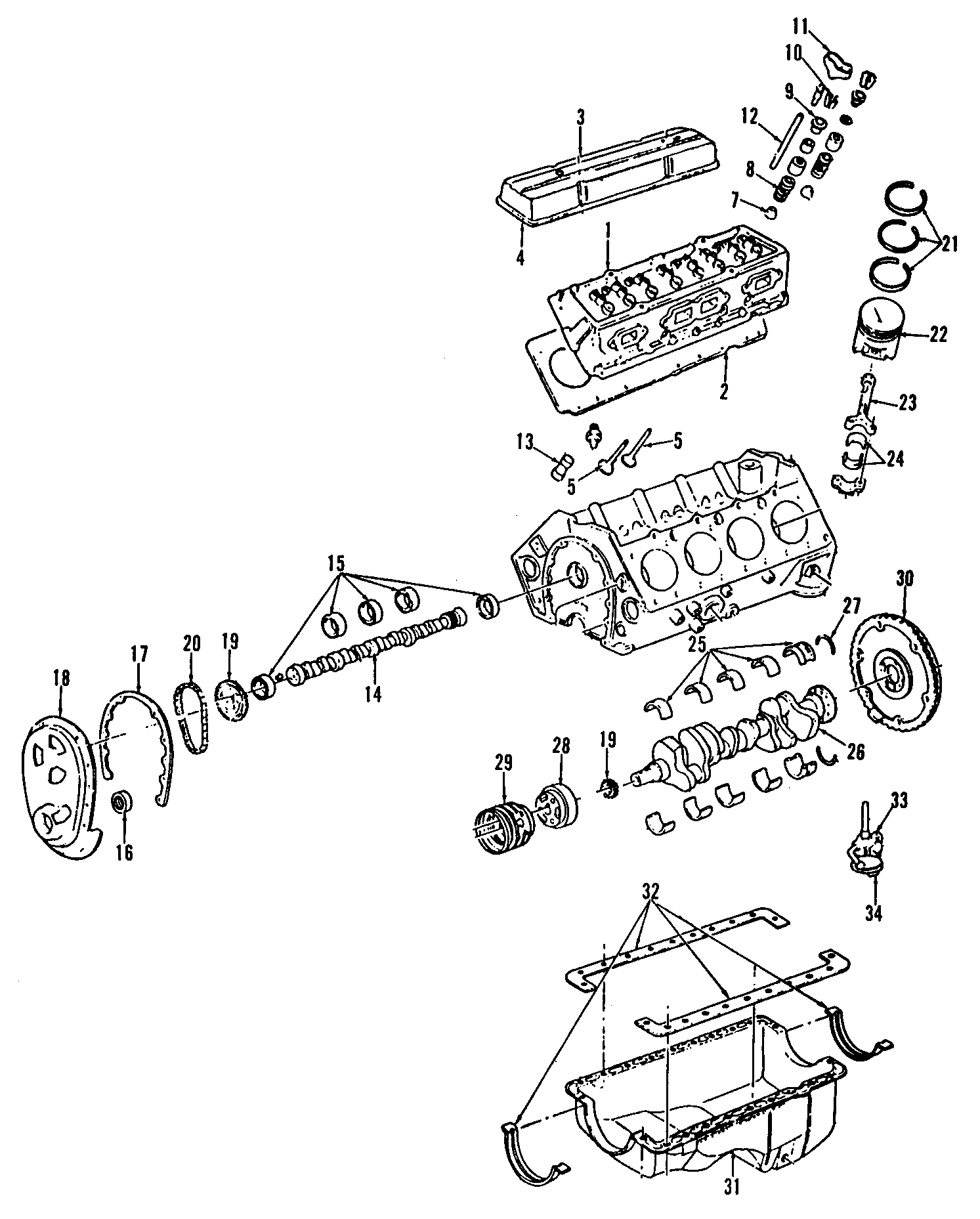 Diagram CAMSHAFT & TIMING. CRANKSHAFT & BEARINGS. CYLINDER HEAD & VALVES. LUBRICATION. MOUNTS. PISTONS. RINGS & BEARINGS. for your Chevrolet