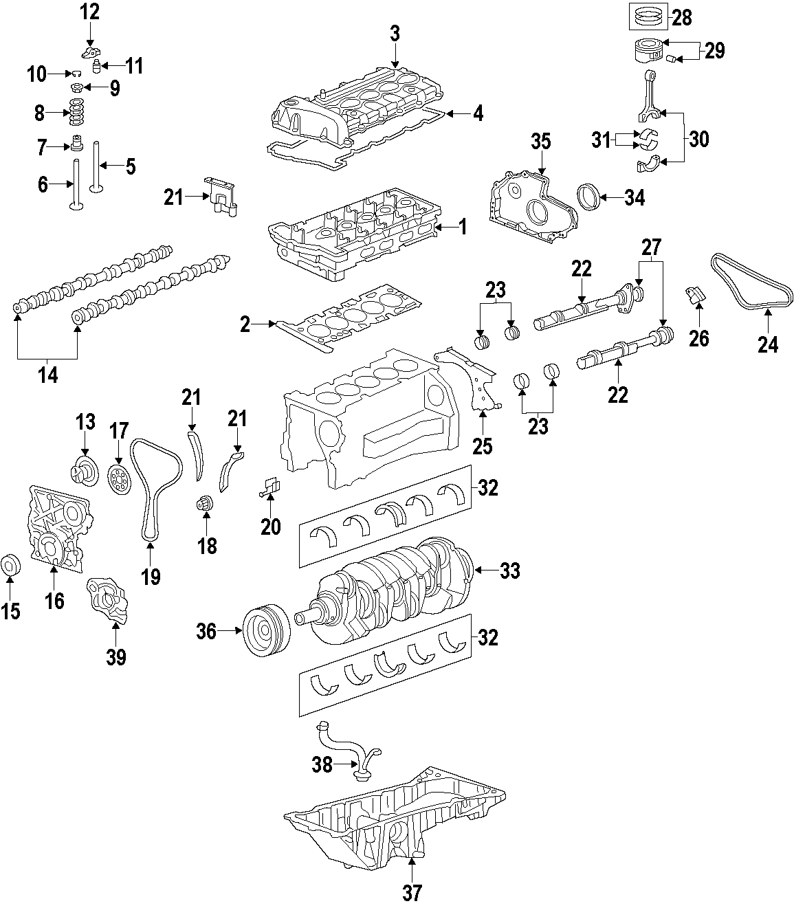 Diagram CAMSHAFT & TIMING. CRANKSHAFT & BEARINGS. CYLINDER HEAD & VALVES. LUBRICATION. MOUNTS. PISTONS. RINGS & BEARINGS. for your 2005 Chevrolet Aveo    