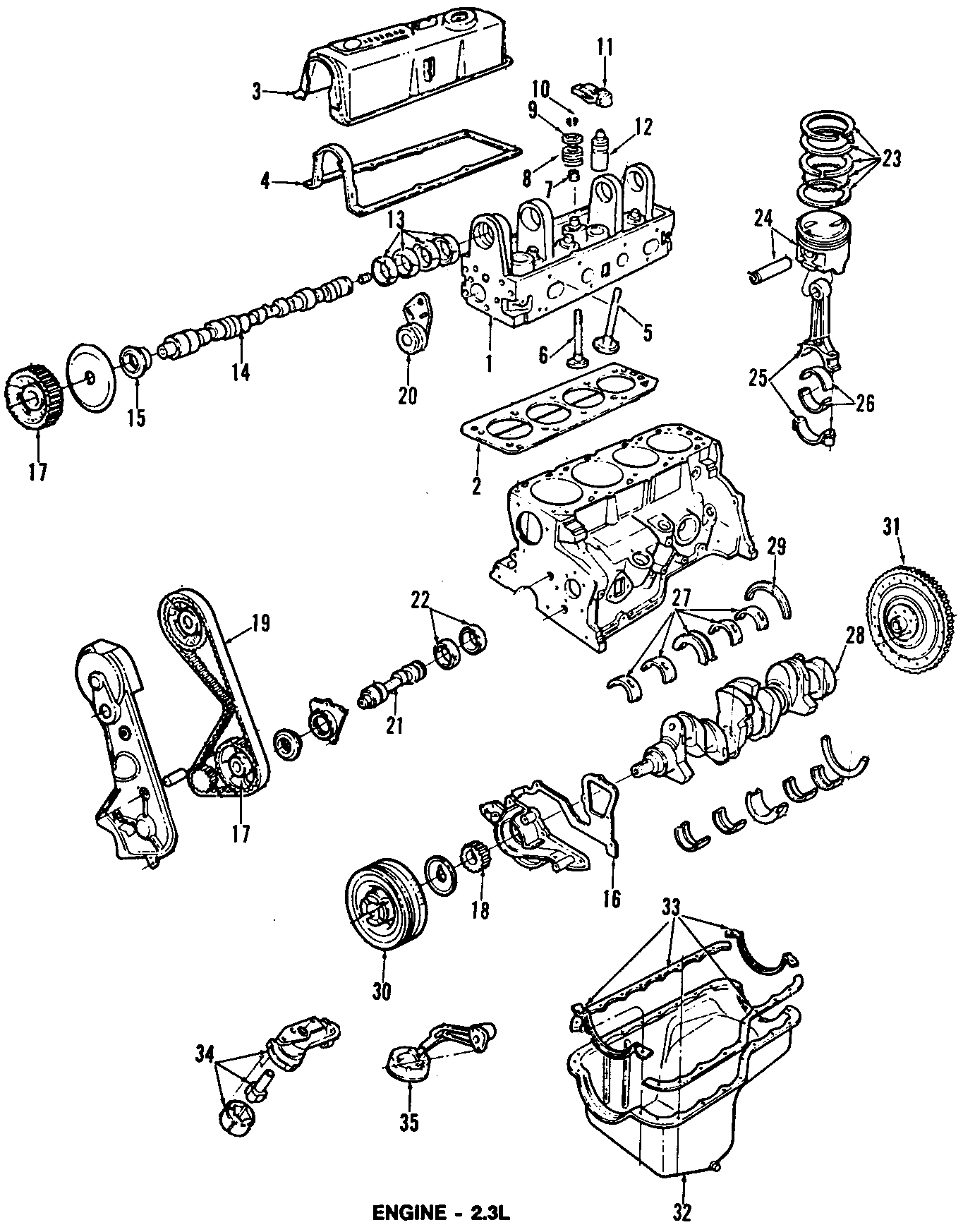 Diagram CAMSHAFT & TIMING. CRANKSHAFT & BEARINGS. CYLINDER HEAD & VALVES. LUBRICATION. MOUNTS. PISTONS. RINGS & BEARINGS. for your 1986 Ford Taurus   