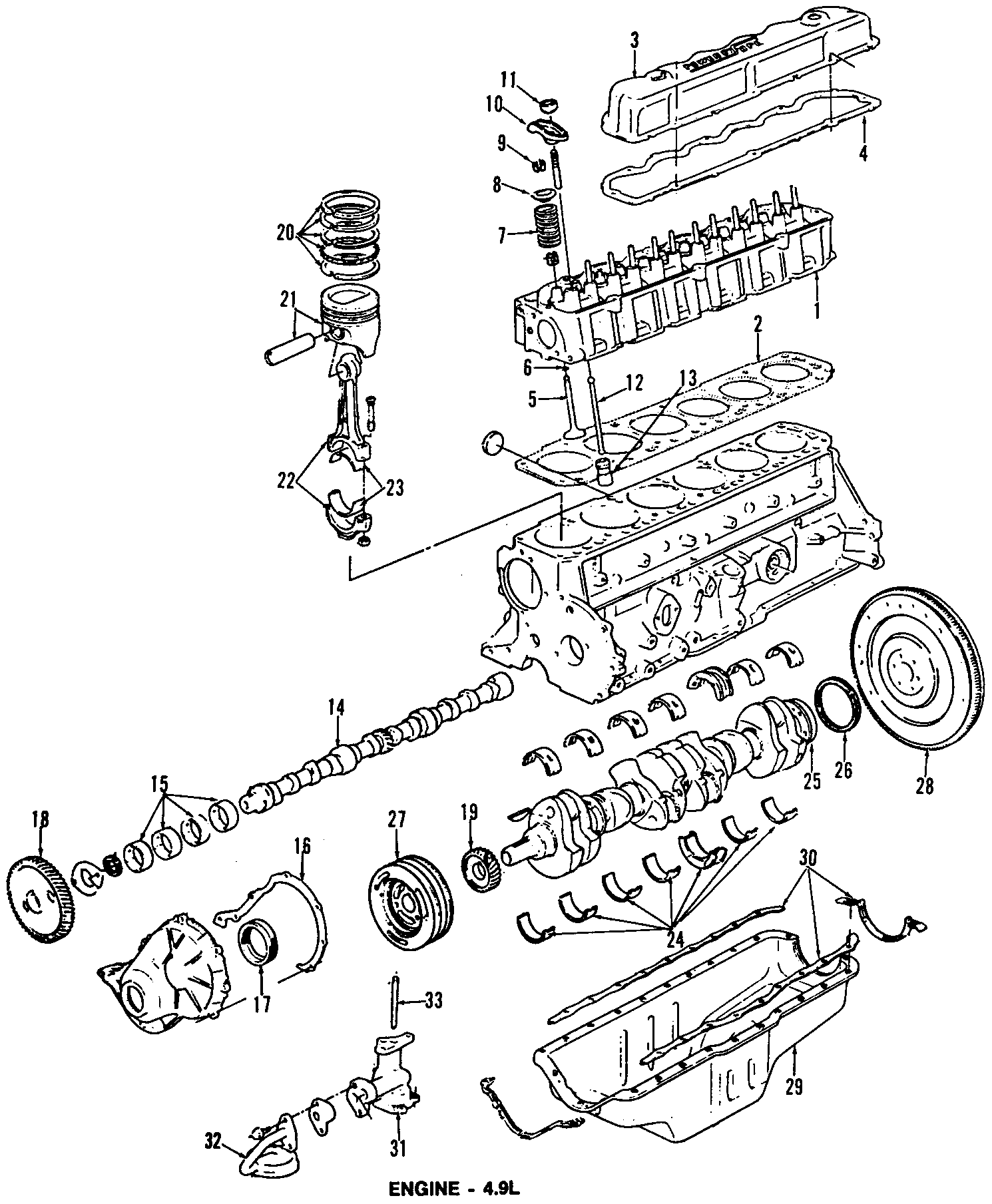 Diagram CAMSHAFT & TIMING. CRANKSHAFT & BEARINGS. CYLINDER HEAD & VALVES. LUBRICATION. MOUNTS. PISTONS. RINGS & BEARINGS. for your 1986 Ford Taurus   