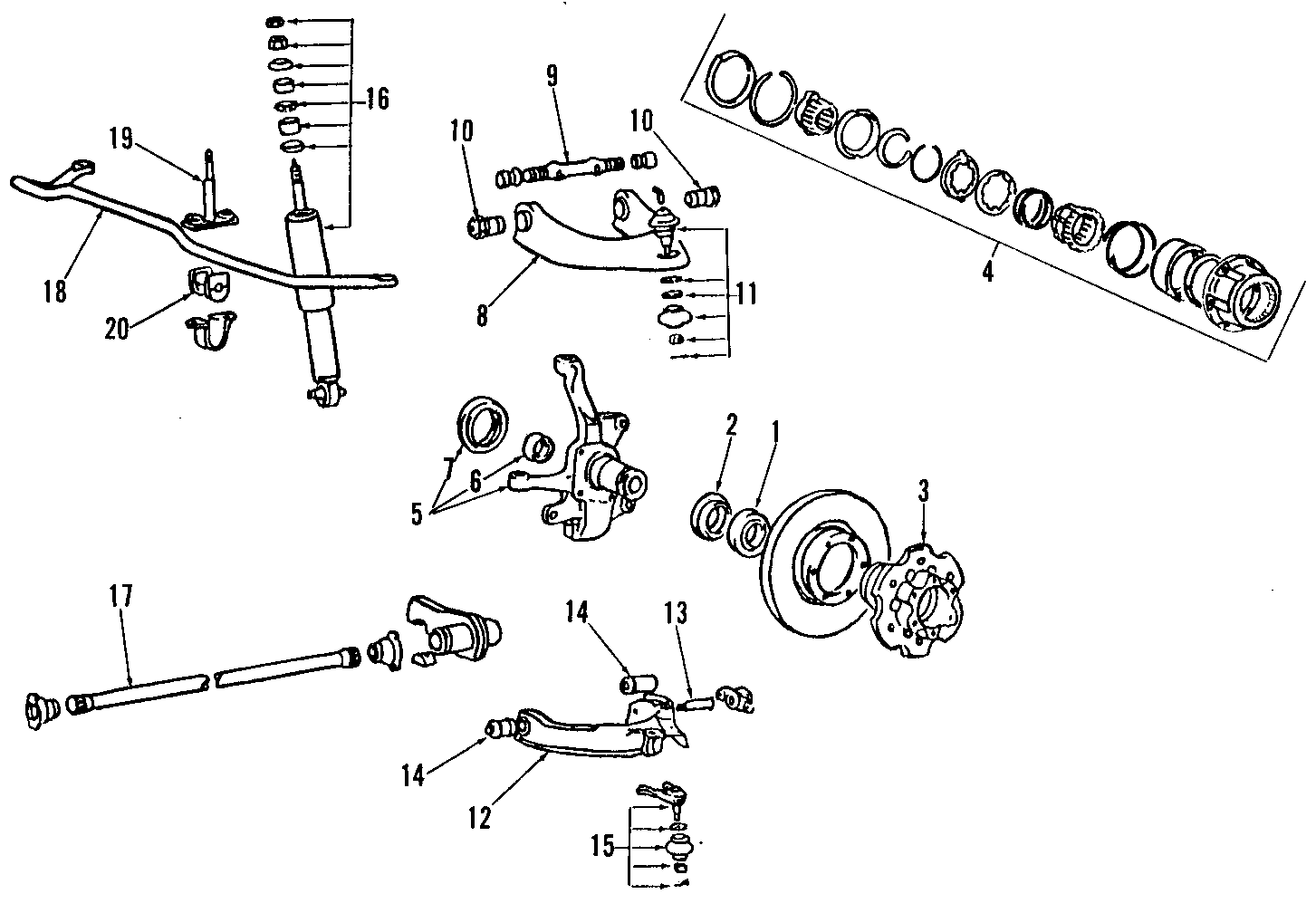 Diagram FRONT SUSPENSION. LOWER CONTROL ARM. STABILIZER BAR. SUSPENSION COMPONENTS. UPPER CONTROL ARM. for your Dodge Raider  