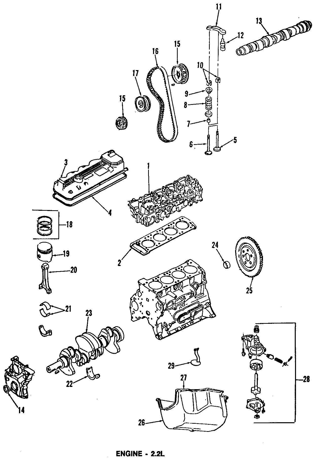 Diagram CAMSHAFT & TIMING. CRANKSHAFT & BEARINGS. CYLINDER HEAD & VALVES. LUBRICATION. MOUNTS. PISTONS. RINGS & BEARINGS. for your 1988 Dodge Mini Ram   