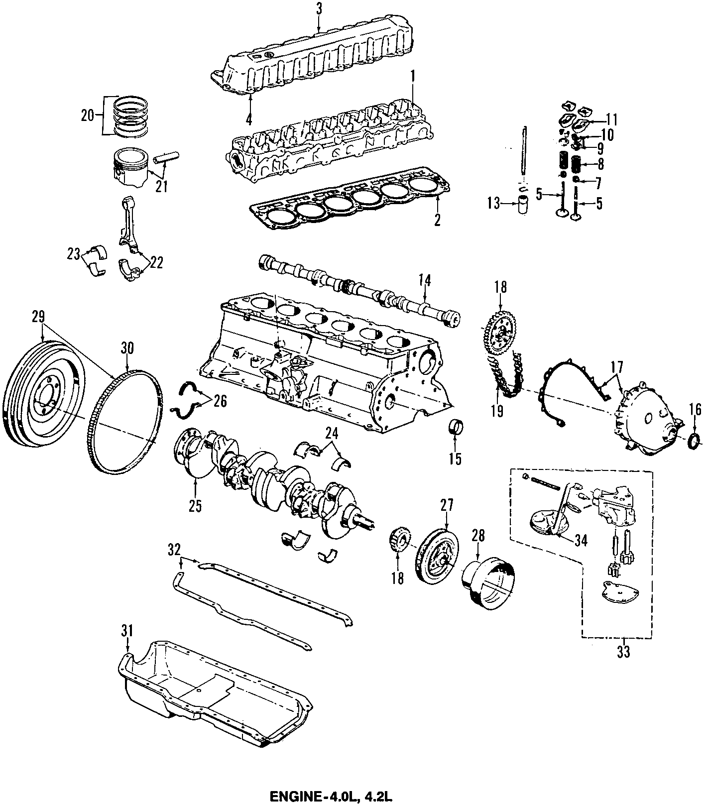 Diagram CAMSHAFT & TIMING. CRANKSHAFT & BEARINGS. CYLINDER HEAD & VALVES. LUBRICATION. MOUNTS. PISTONS. RINGS & BEARINGS. for your 1998 Jeep Wrangler   